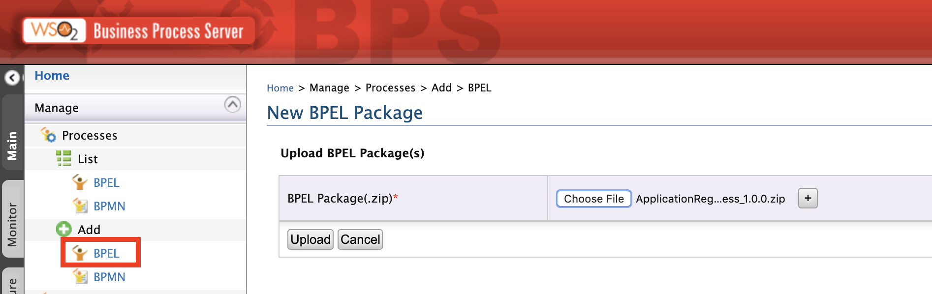 Upload BPEL package