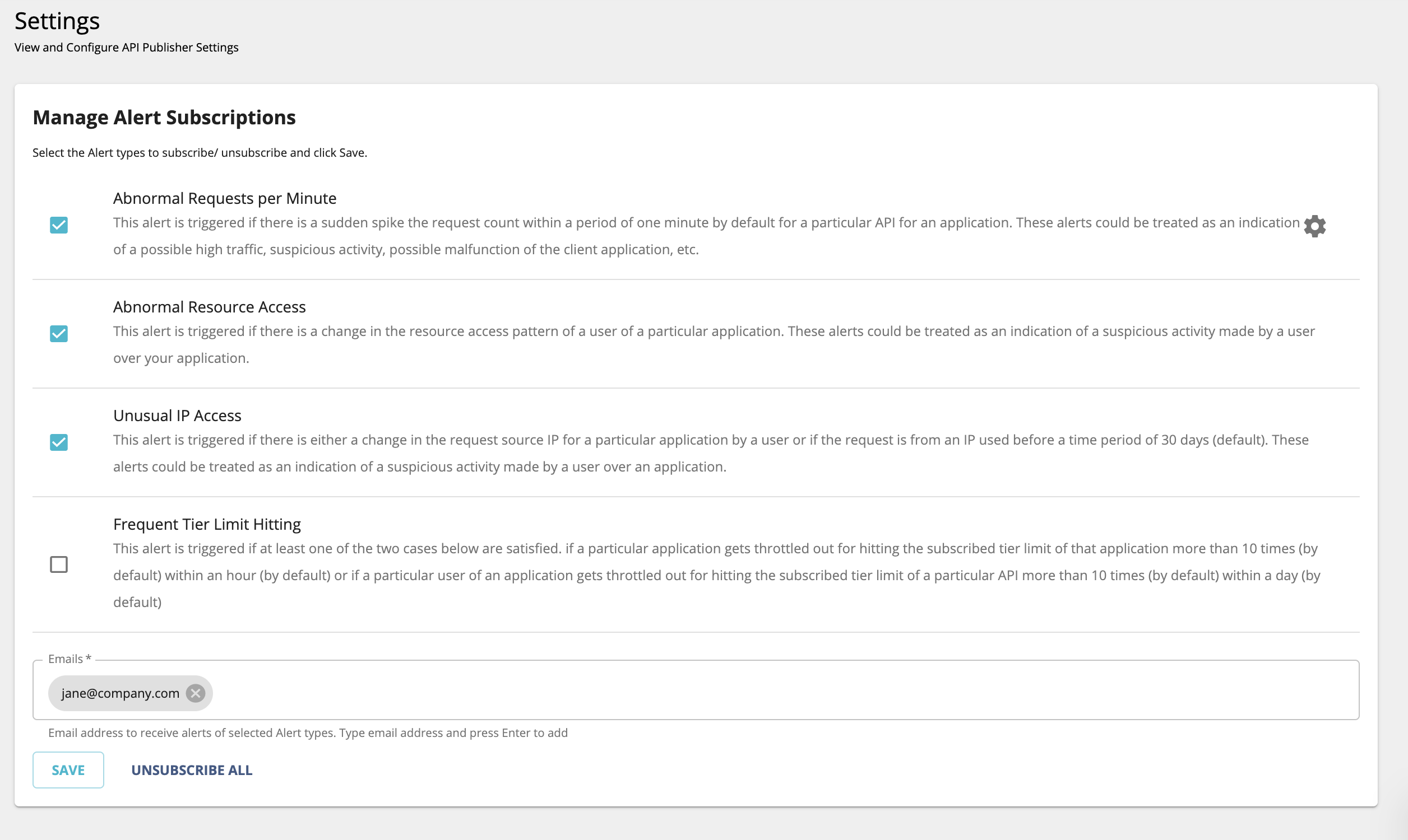Unubscribe to alerts in developer portal