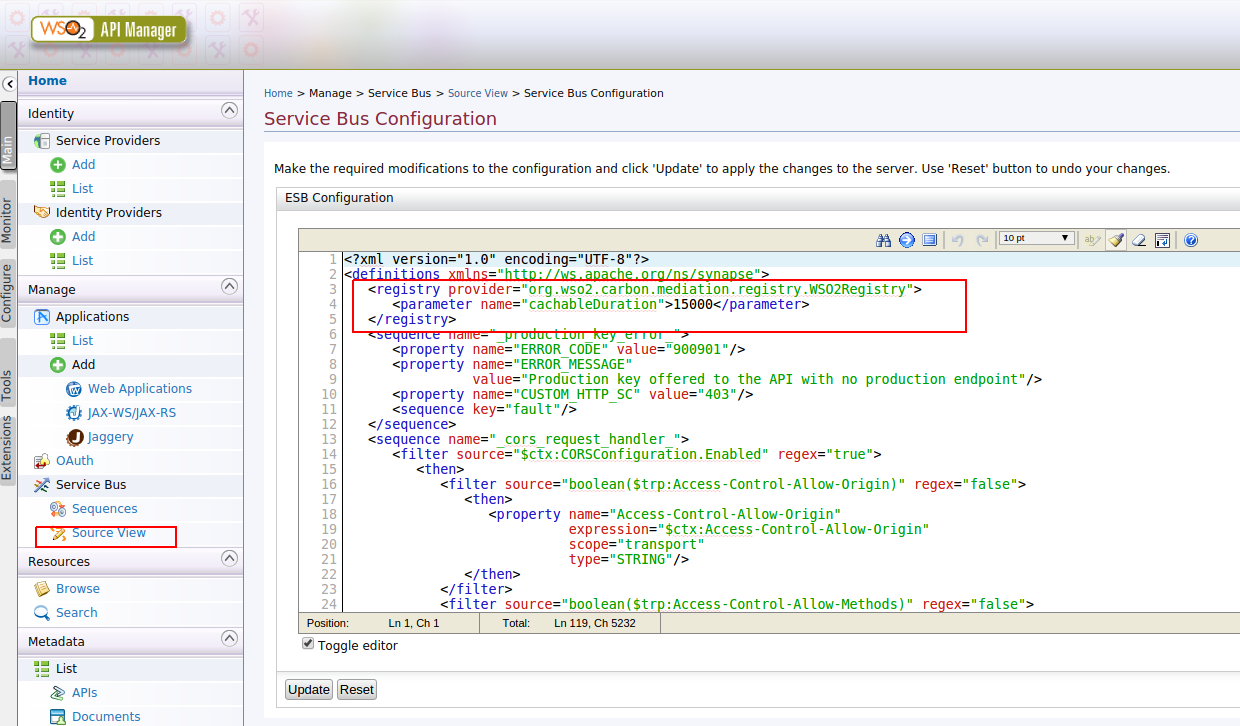 Screen shot of service bus source view with registry configuration highlighted