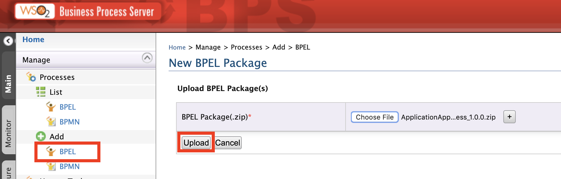 Upload BPEL archive file