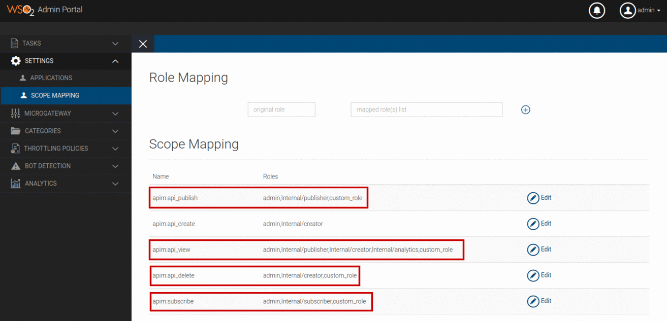 Admin portal scope mapping