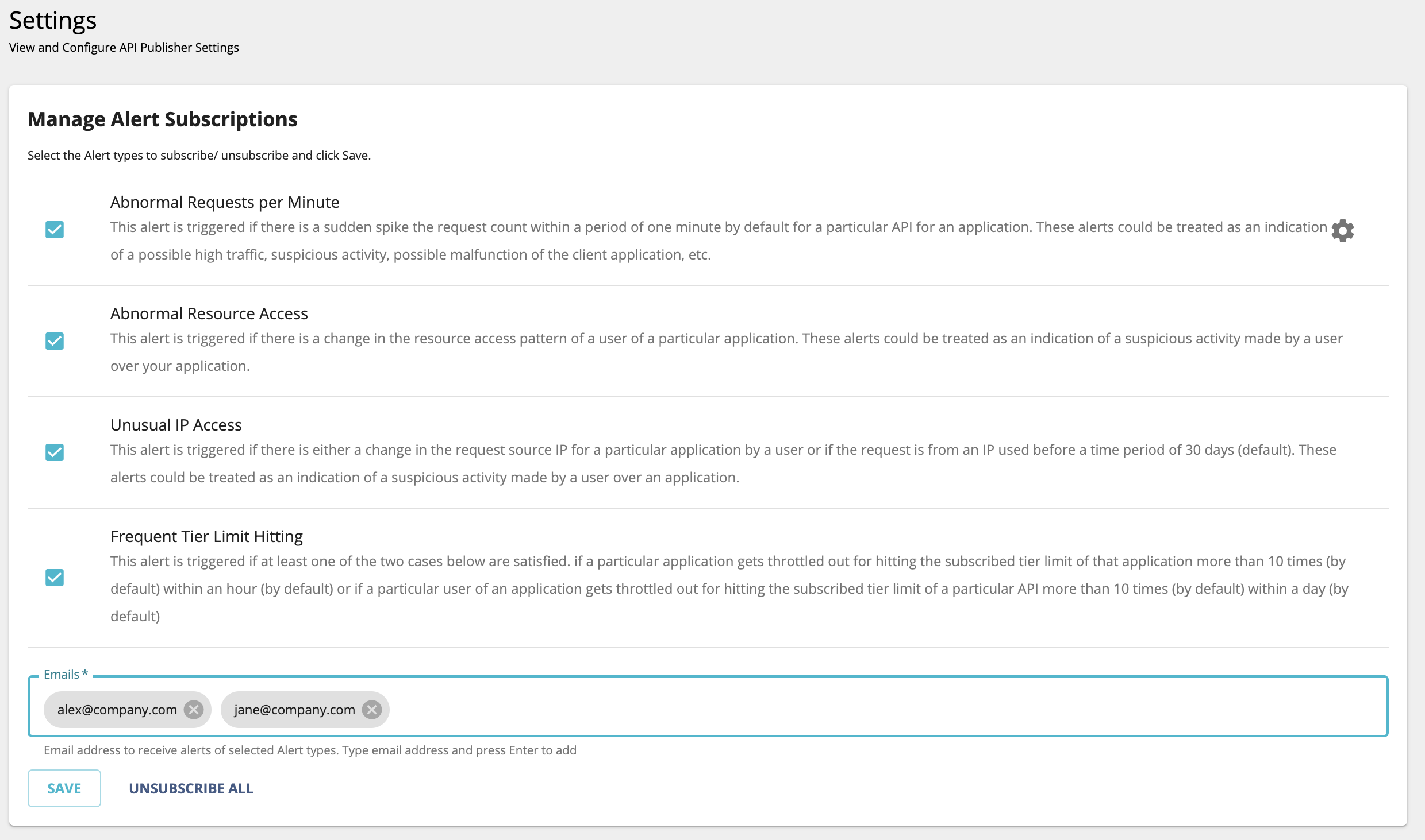 Subscribe to alerts in developer portal
