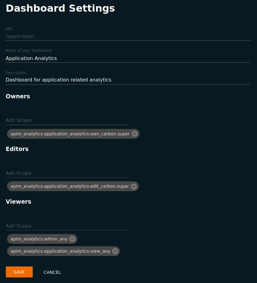Dashboard settings page