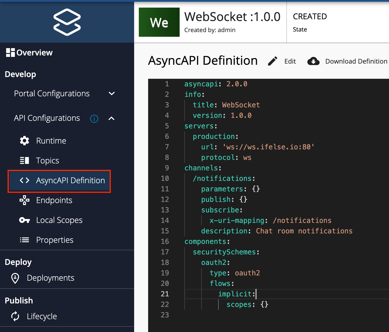 WebSocket API AsyncAPI Definition