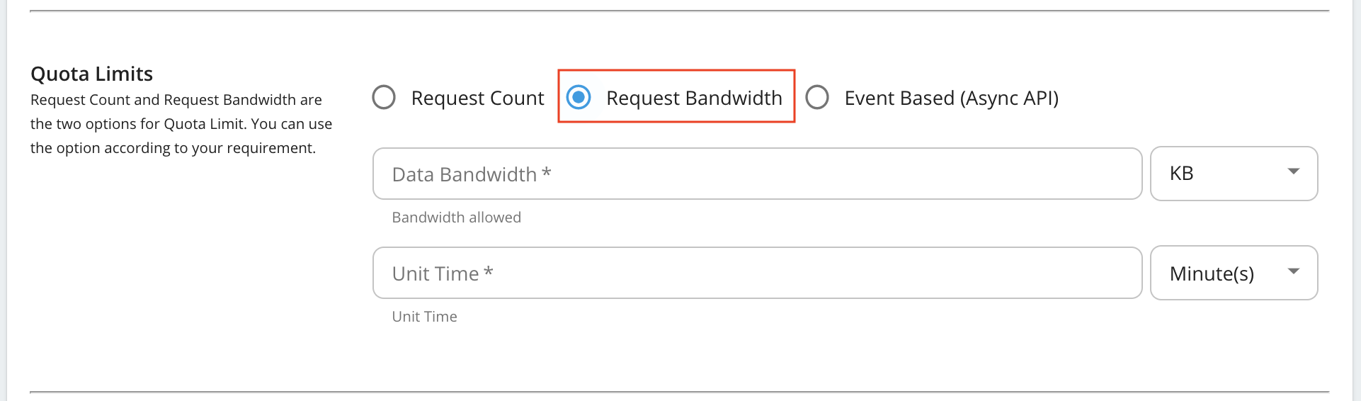 Request bandwidth based quota limits