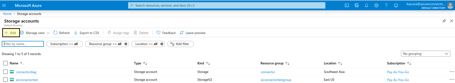 MS Azure add storage account