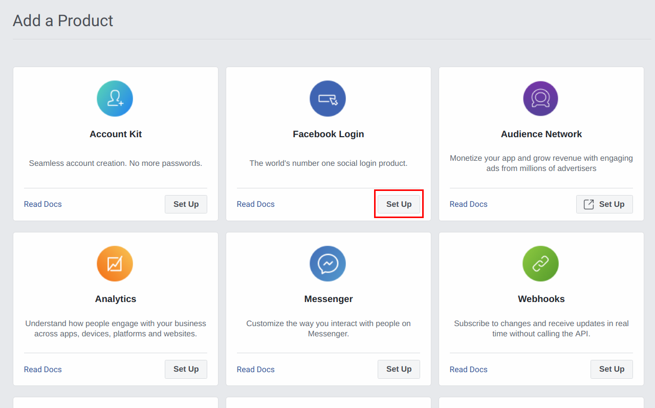 Setup facebook login product