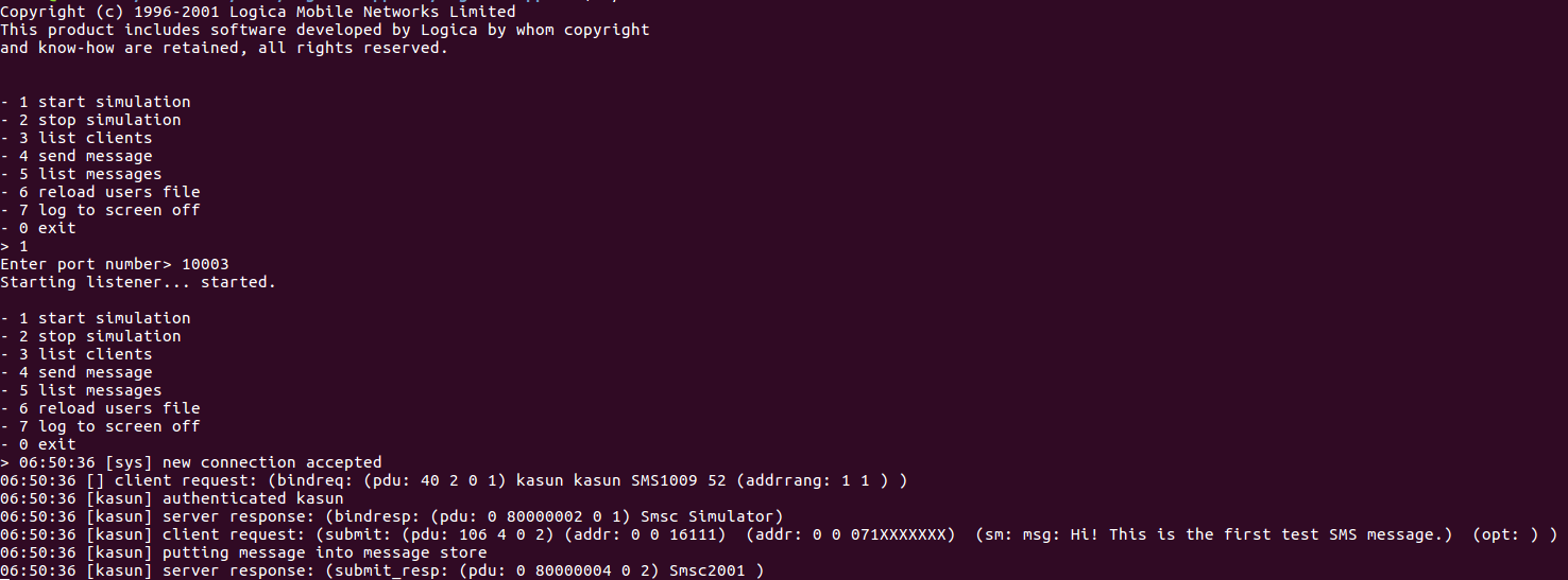 SMSC Simulator Console Output