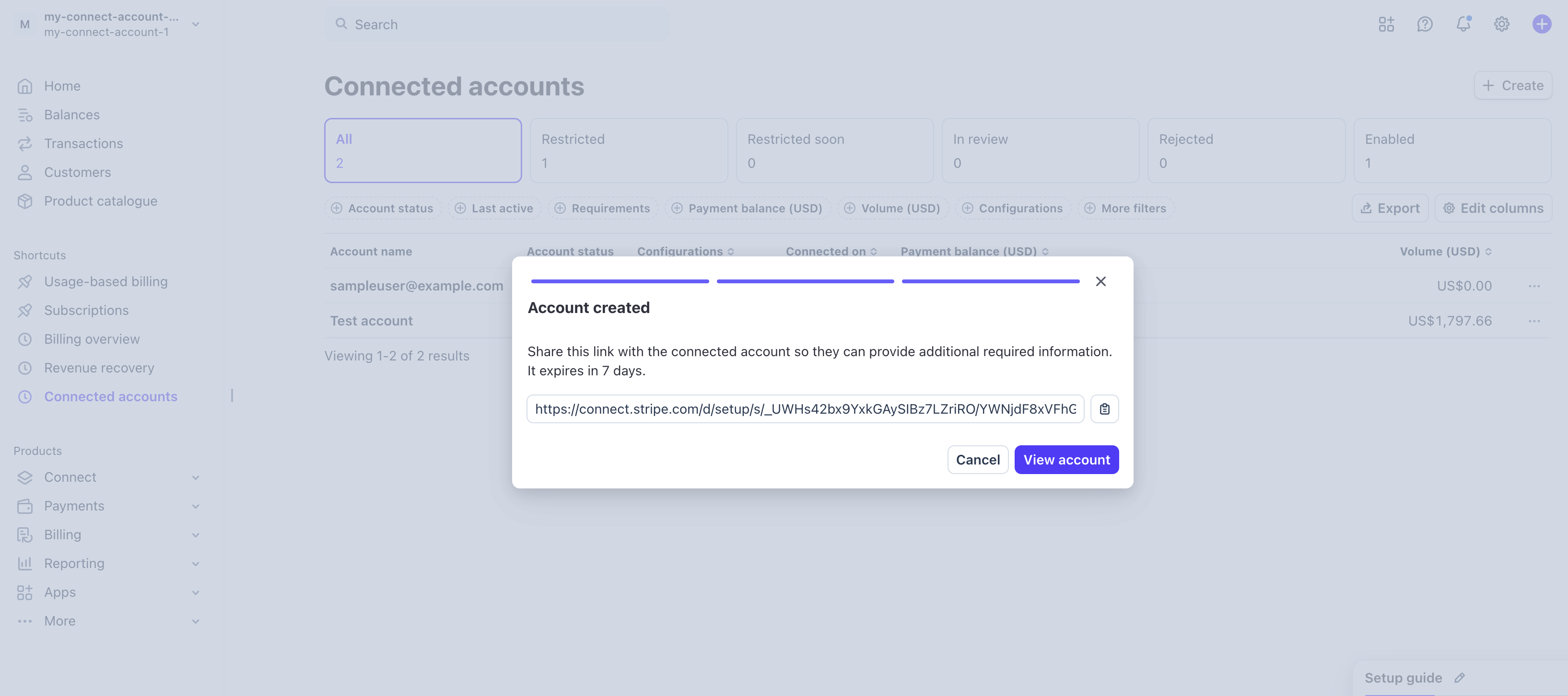 Account created with onboarding link
