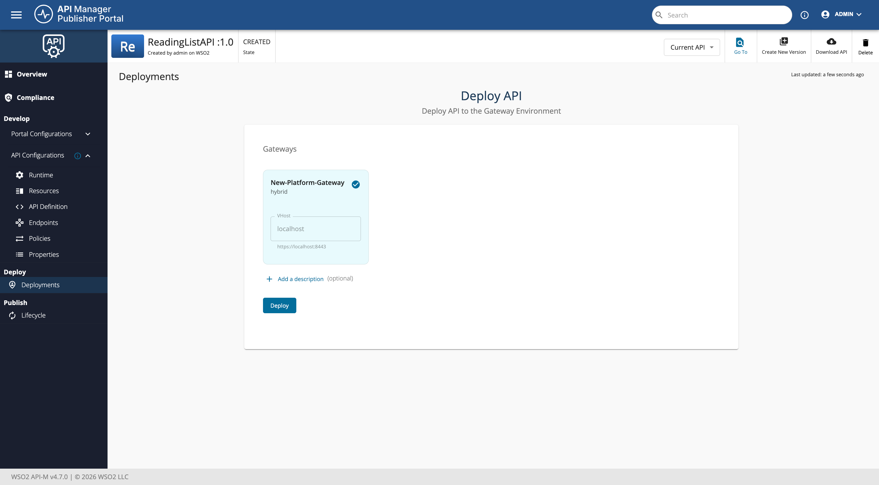 API Deployments Page