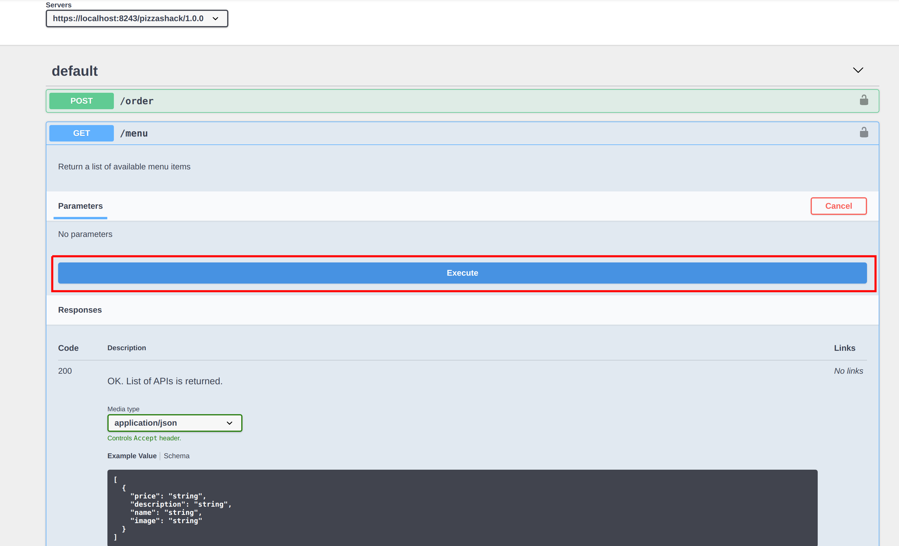 API console execute