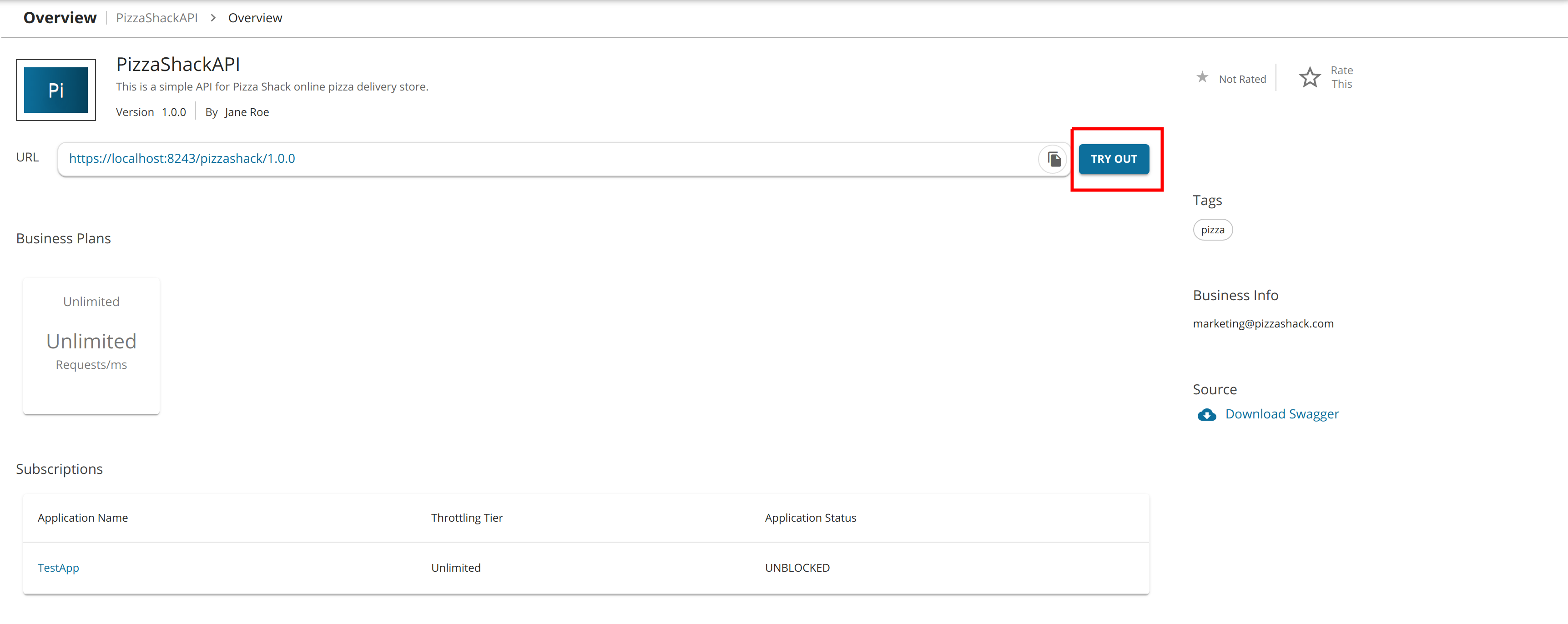 API console test button