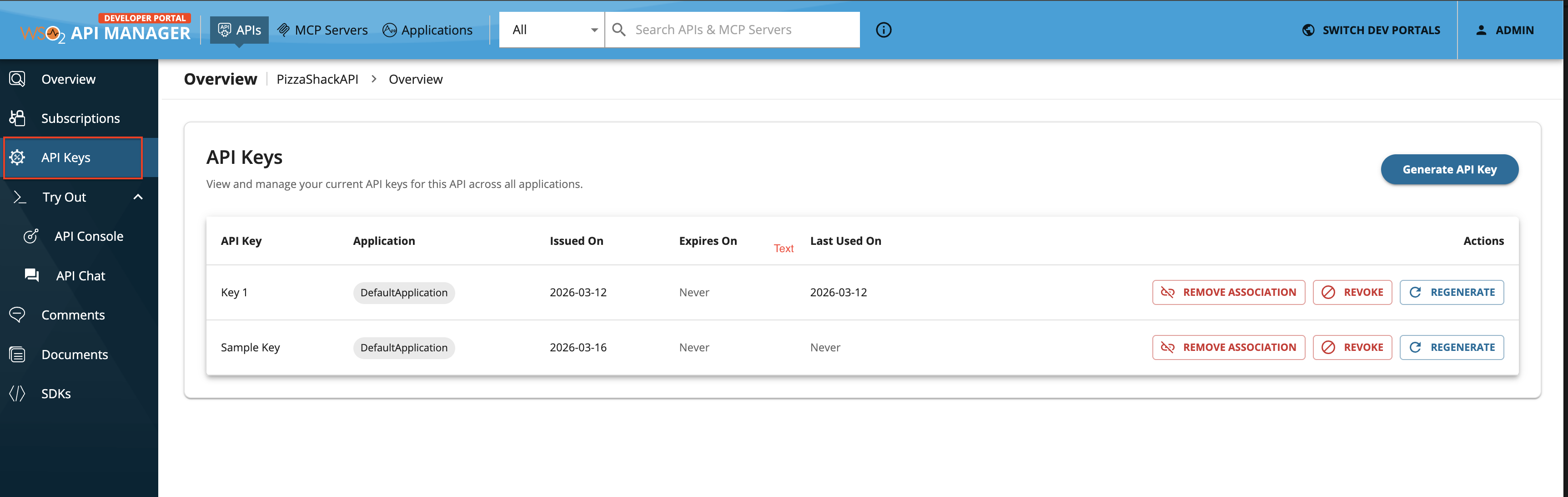 Generate API Key Left Menu