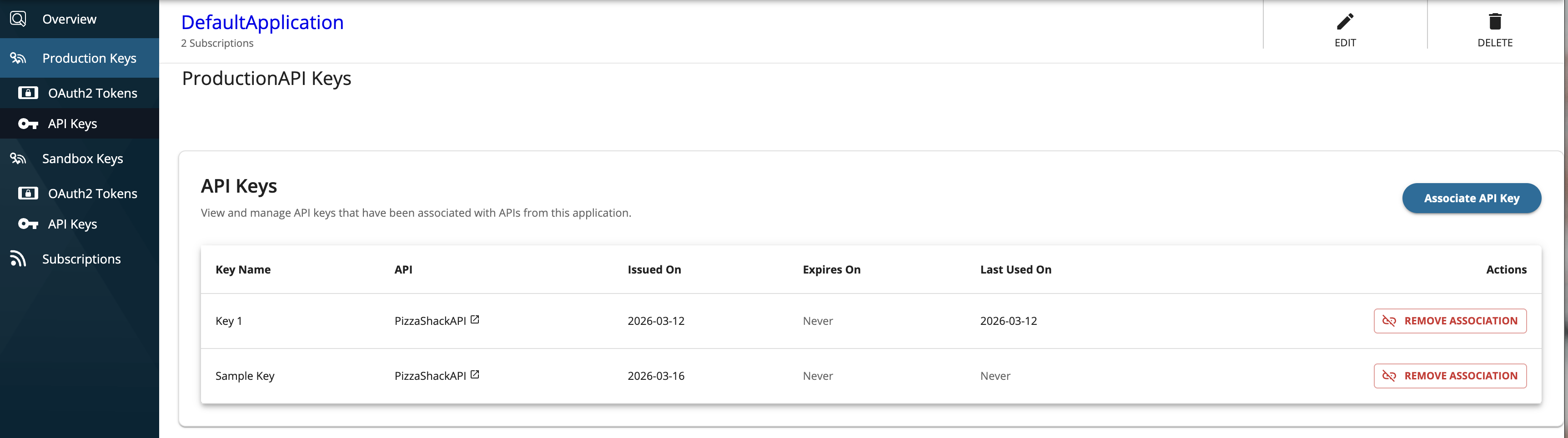 Associate API key from App button