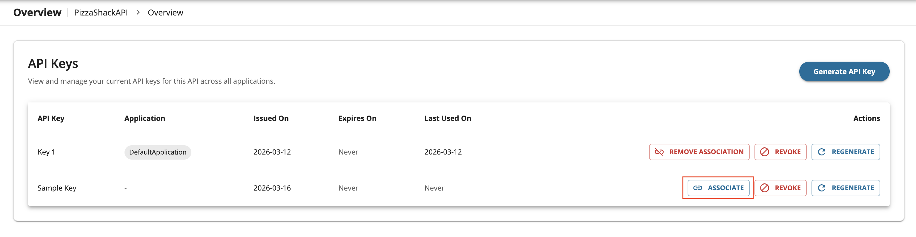Associate API key button