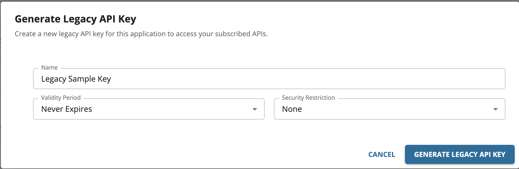 Generate Legacy API key