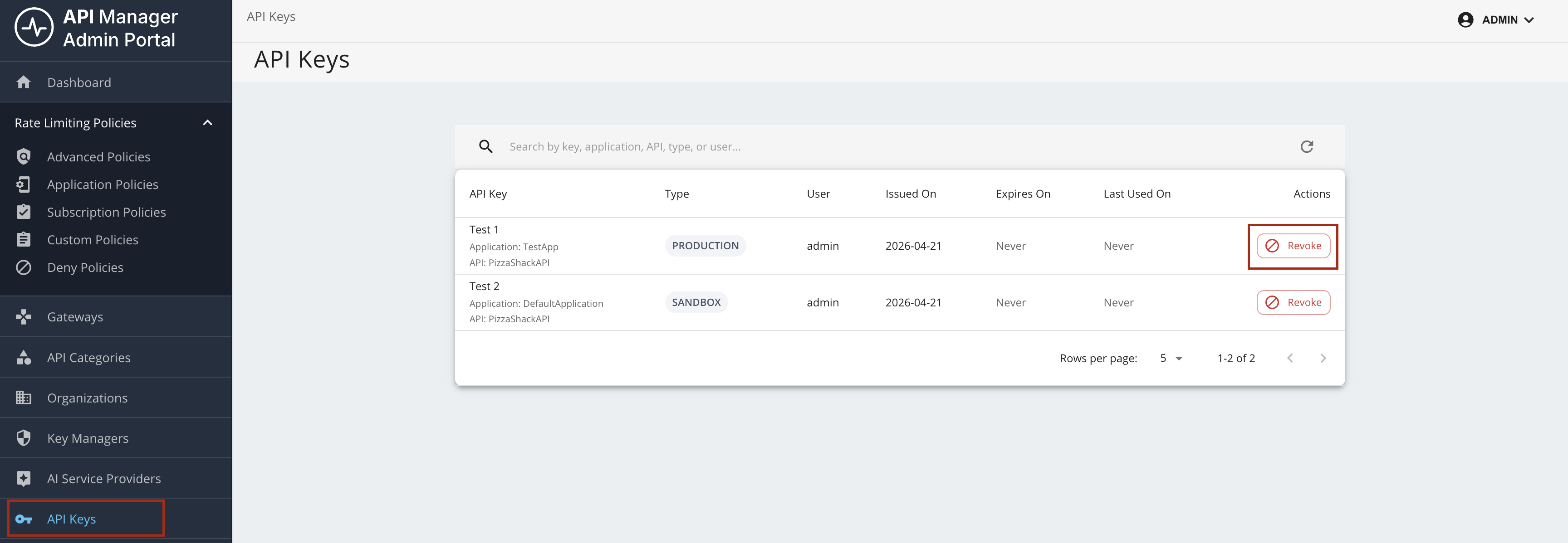 Revoke API Key from Admin