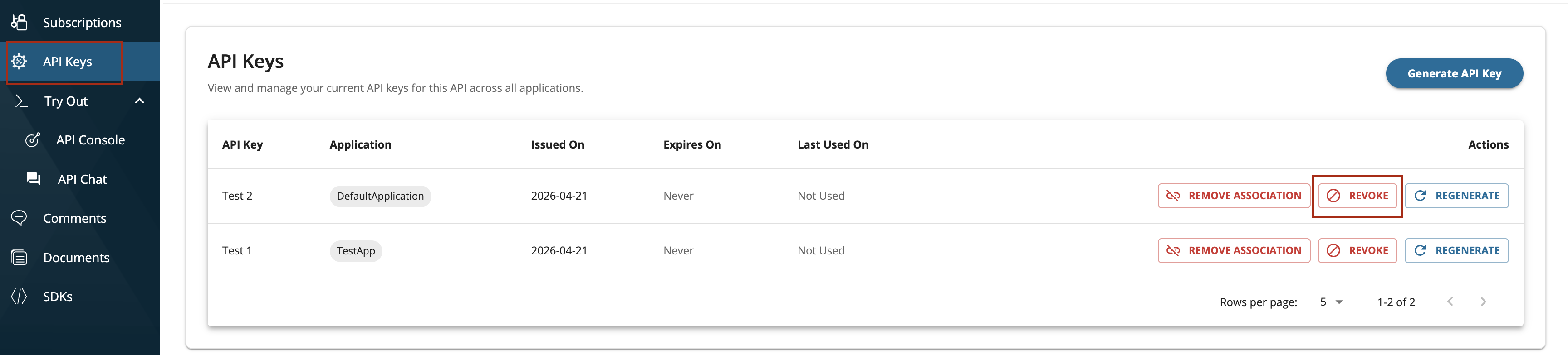 Revoke API Key from Devportal