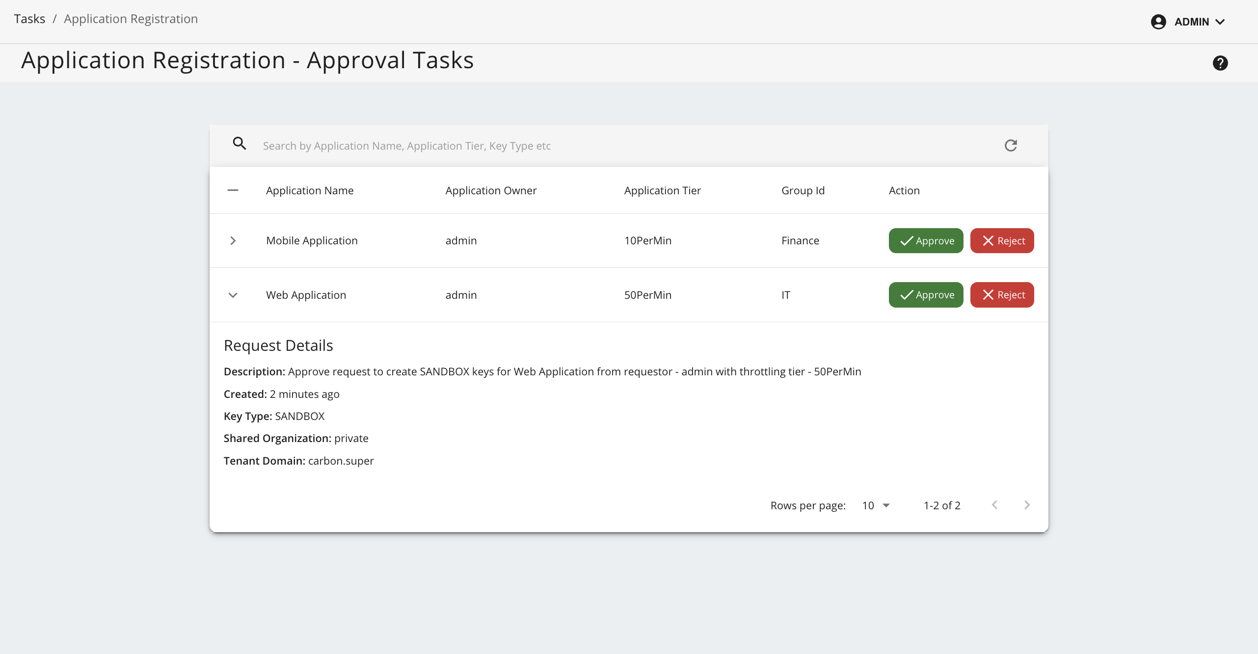 Pending keys for an application