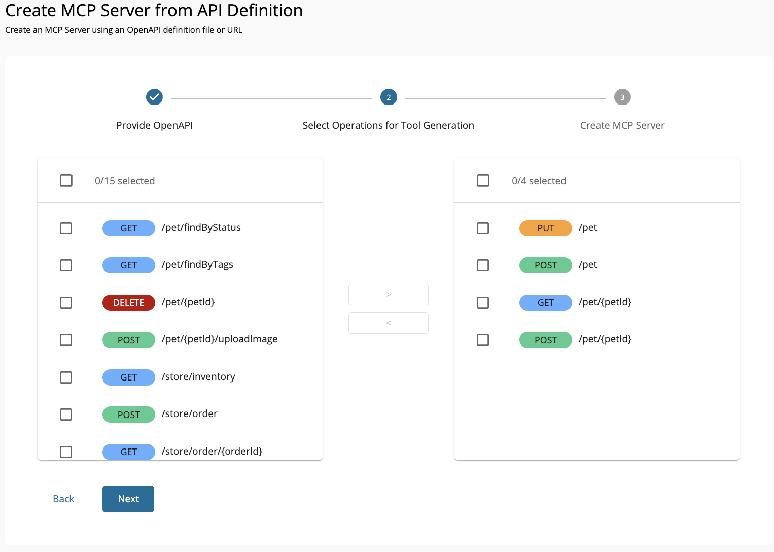 MCP Server from OpenAPI Select Tools Selected