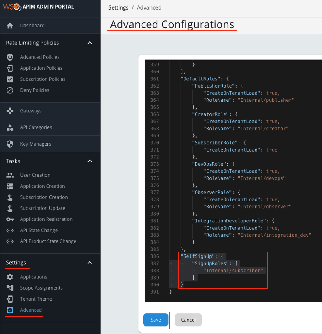 Advance Configuration Admin Portal Self Signup