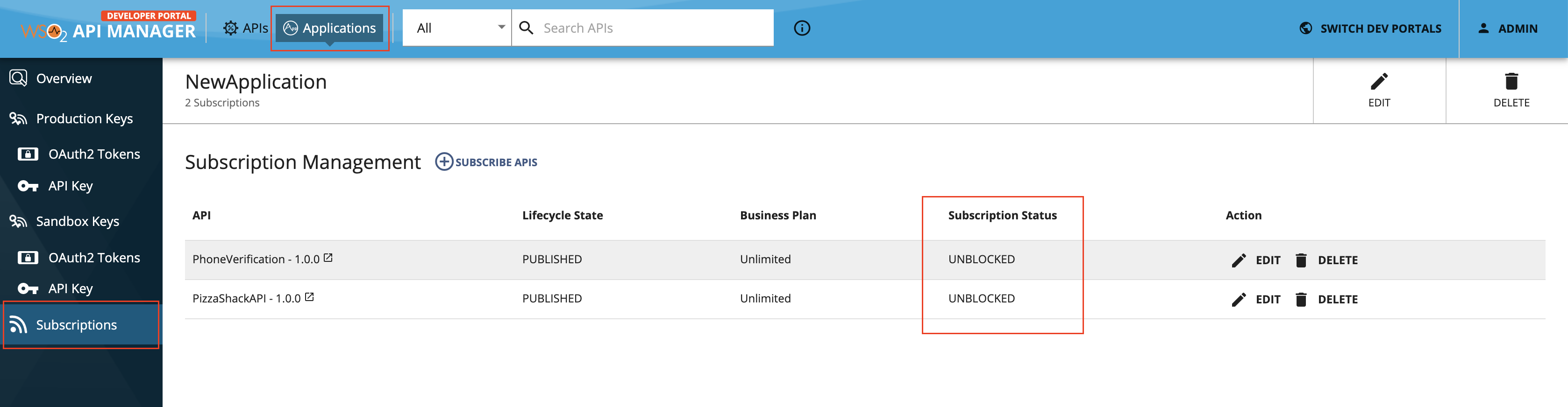 Same application subscribed for two APIs